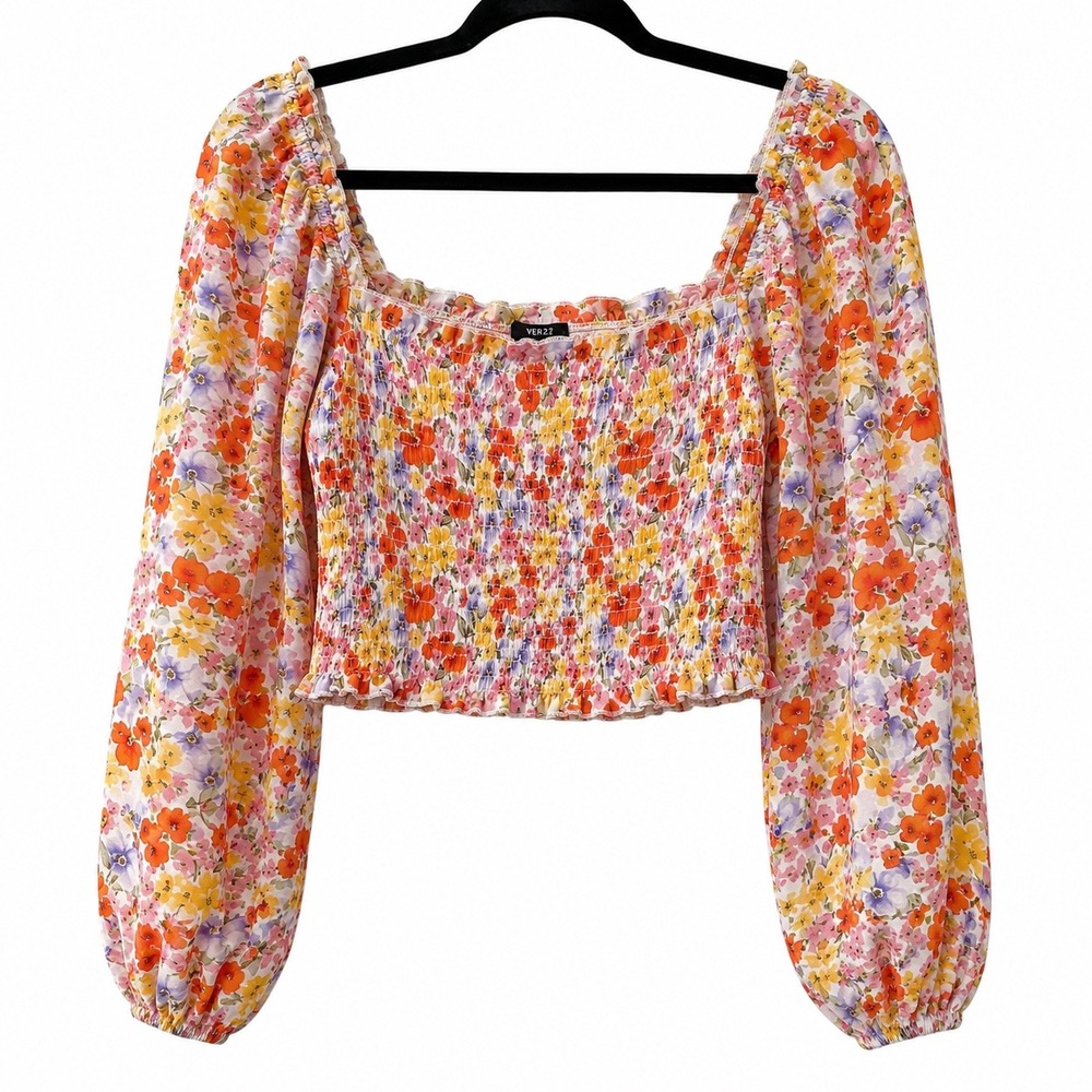 Forever 21 Womens Medium Crop Top Floral Smocked Boho Cottagecore Festival Fairy